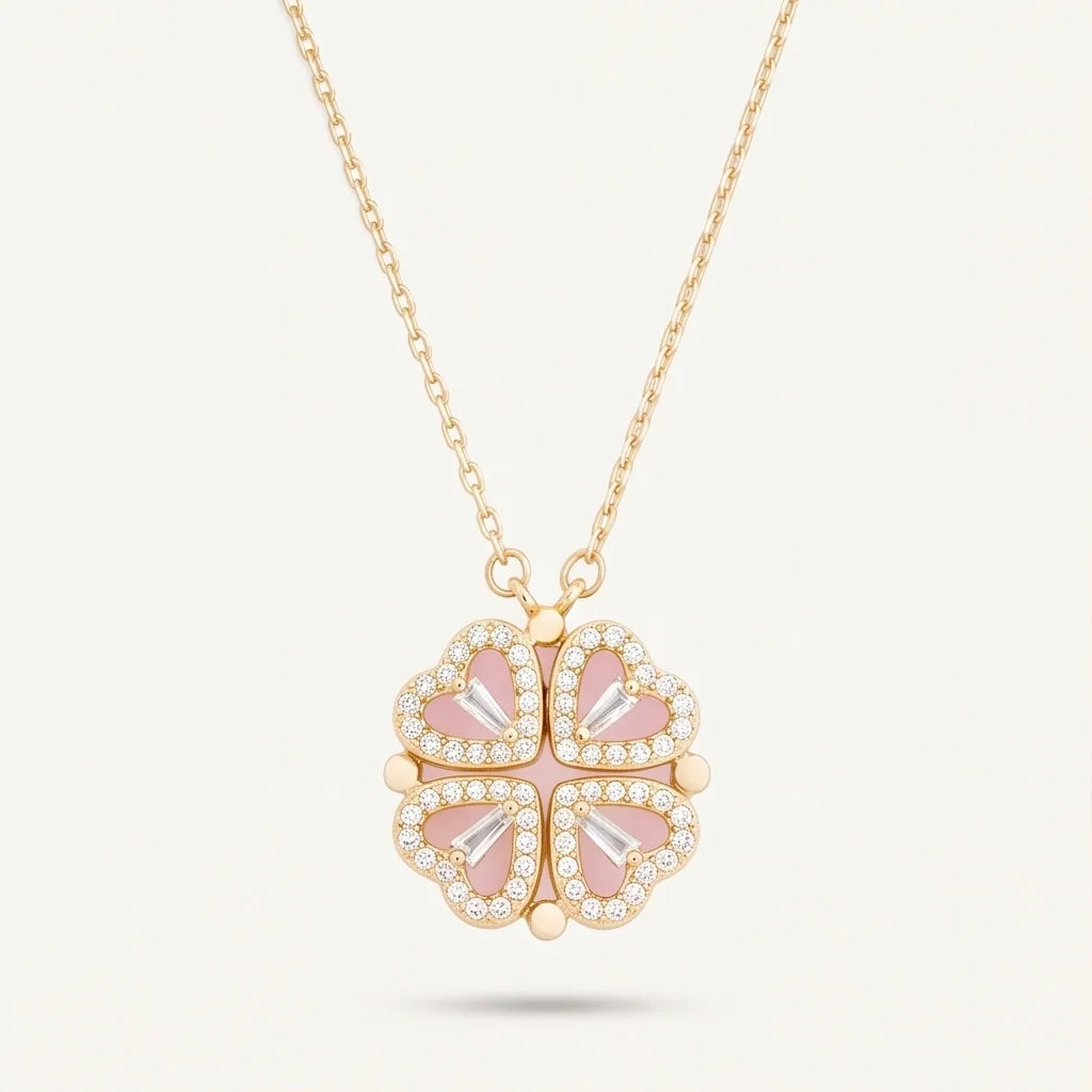 Convertible necklace changing between clover and heart shapes